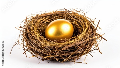 A glistening golden egg nestled in a natural woven nest, symbolizing wealth, security, and prosperity.
