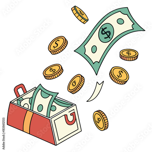 Money box overflowing with cash and coins representing wealth and savings.