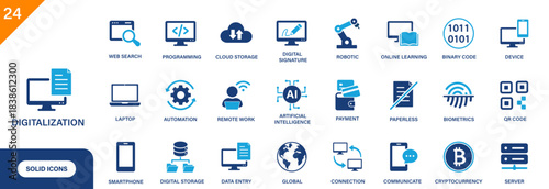 Digitalization icon. Including binary code, online learning, QR code, robotics, digital signature, cryptocurrency. Solid vector icon set.