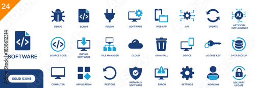 Software icon. Includes script, debug, API, web app, source code. Solid vector icon set.