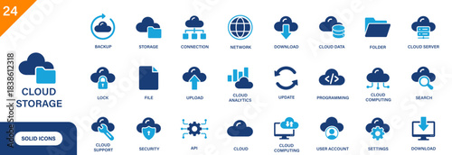 Cloud storage icon. Includes cloud server, cloud download, cloud computing, computer. Solid vector icon set.