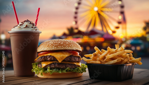 Fast food (delicious burger, french fries and soft drink) on background of a theme park with attractions