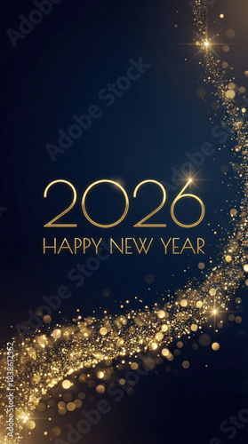 Elegant Happy New Year 2026 greeting with gold text and sparkling bokeh