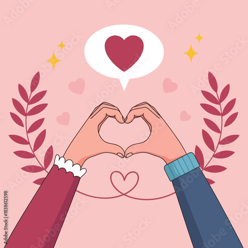 Romantic illustration of two hands forming a heart shape with love symbols around them, perfect for Valentine’s Day, wedding, romance, and relationship themes.