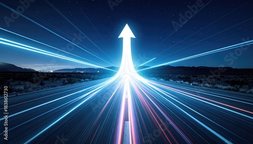 An arrow of light pointing toward the sky above the highway signifying future growth, expansion, and direction.