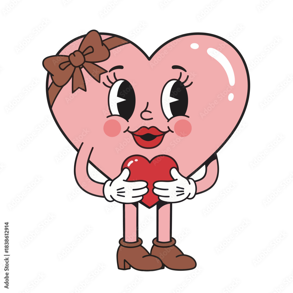 Obraz premium Cute retro-style heart character holding a small red heart, featuring expressive eyes, gloves, and a bow. Perfect for Valentine’s Day, love themes, greeting cards, and cute cartoon designs.