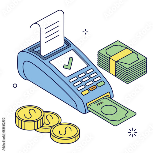 Payment terminal with money and coins transaction complete business concept.