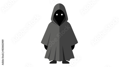 Mysterious hooded figure in a dark gray cloak standing in a shadowy environment conveying a sense of anonymity and intrigue with a minimalist flat design aesthetic