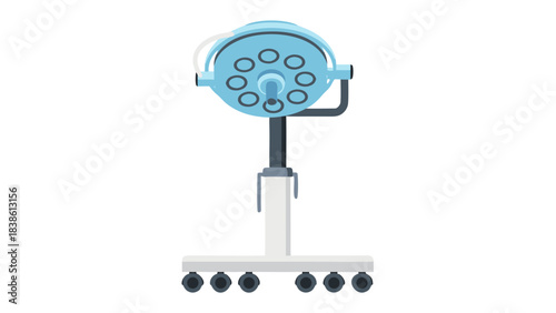 Modern Medical Surgical Operating Room Light Fixture On Wheels With Adjustable Arm And Multiple LED Bulbs For Illumination In A Clinical Setting