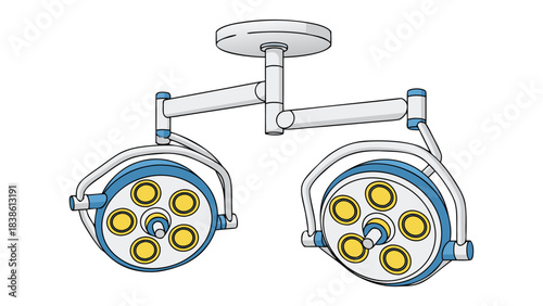 Modern medical surgical operating room ceiling mounted dual lamp with adjustable arms and bright yellow lights on a black background showcasing advanced healthcare illumination technology