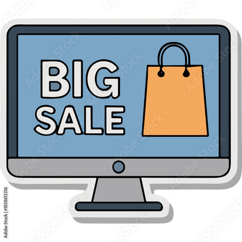 Digital Monitor Displays Big Sale Message With Shopping Bag Graphic And Orange Shopping Bag Icon On Screen With Light Blue Background And Shadow Effect