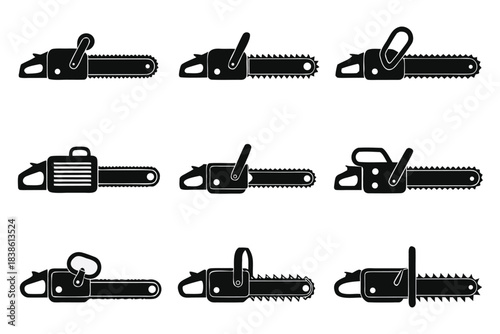 Collection of nine distinct chainsaw illustrations in a bold black silhouette