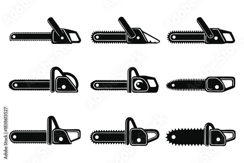 Collection of various chainsaw illustrations in silhouette style