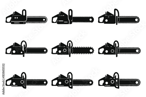 Collection of nine black chainsaw silhouettes on a white background silhouette