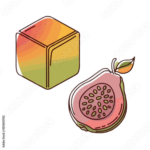 A vibrant watercolor illustration of a cubed mango and a halved pink guava fruit presented together isolated on white background