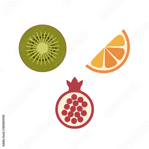 Freshly sliced kiwi fruit wedge of orange and half pomegranate isolated on white background