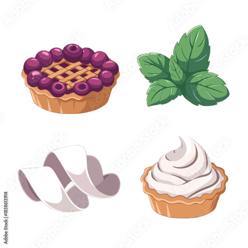 A delightful watercolor illustration featuring a blueberry tart fresh mint leaves a roll of toilet paper and a swirl of whipped cream on a tart all isolated on white background