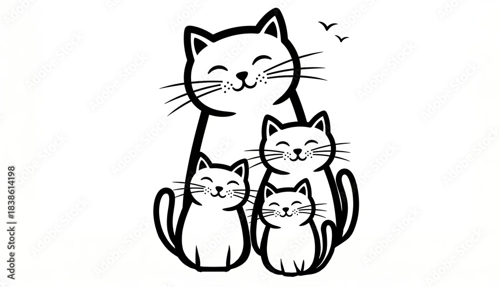 Obraz premium Happy Family of Cats: A heart warming illustration of a feline family with smiling faces. Capturing the simplicity and love.