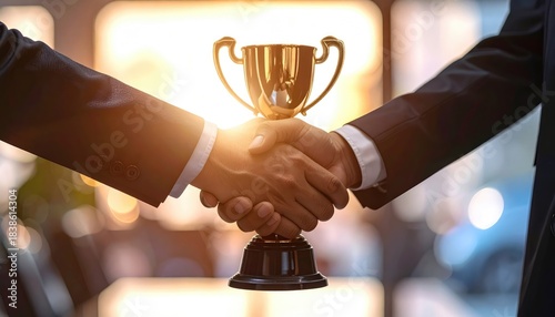 A captivating moment of business collaboration, captured in a close-up shot that highlights the symbolism of achievement and agreement. Two individuals shake hands over a golden trophy.