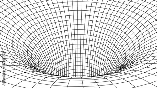 Abstract Geometric Grid Tunnel With Warped Lines Creating A Deep 3D Perspective Illusion, Perfect For Futuristic Design, Technology Themes, And Scientific Concepts. Vector Illustration.