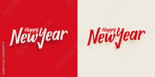 This festive illustration features modern hand-lettered Happy New Year typography design perfect for holiday congratulations. Ideal for seasonal social media posts and greeting cards.