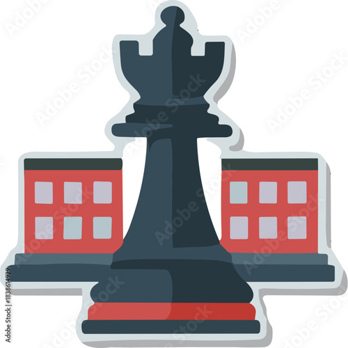 Dominant Black Chess Queen Statue Standing Tall Between Two Red Brick Buildings With Windows Symbolizing Strategy And Power In A Simplified Flat Design Style