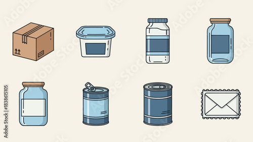 Assortment of Packaged Goods and Mail in Cartoon Style.