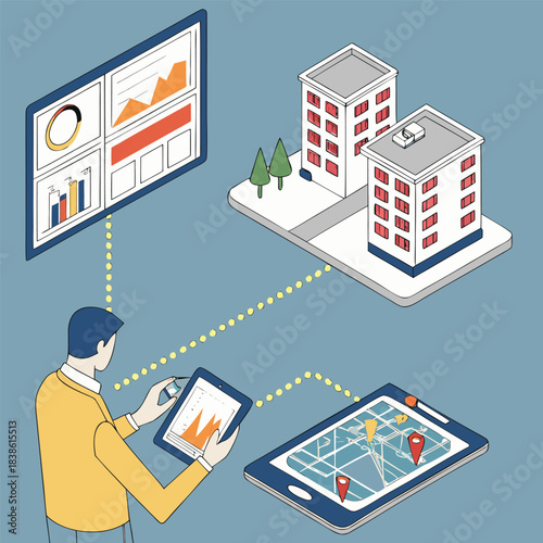 Smart city concept man using tablets to monitor buildings and data.
