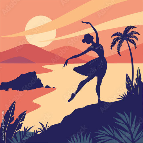 Silhouette of a graceful ballerina dancing on a cliffside with a scenic sunset view.