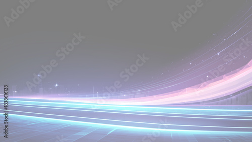 Futuristic cyberpunk city background with glowing neon light road and digital skyline