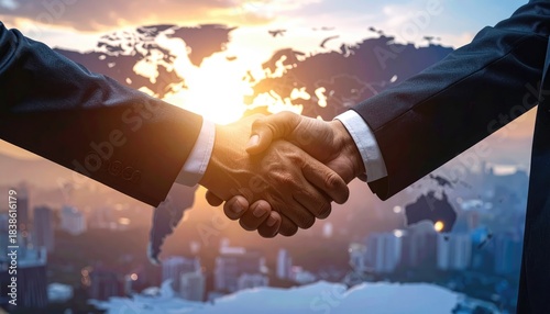 A close-up shot captures two business individuals in a firm handshake against the backdrop of a global map, signifying collaboration, agreement, and partnership, illuminated by the dawn of a new era.