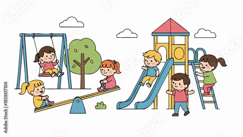 Children playing on playground equipment having fun outdoors.