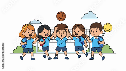 Happy diverse school children playing basketball together outdoors.