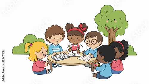 Diverse group of young children learning and collaborating at a table.