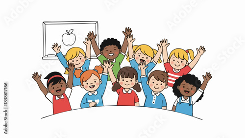 Joyful diverse group of elementary school children raising hands.