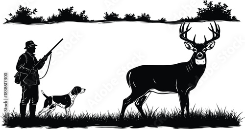 Hunter with a Rifle and Hound Dog Standing Near a Large Buck Deer, Representing Hunting Season, Outdoor Sports, Wildlife, and Traditional Game, Vector Silhouette Illustration.