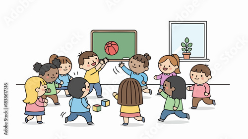 Diverse group of happy children playing together indoors.