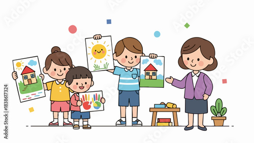 Happy children and teacher proudly display their colorful artwork in a classroom setting.