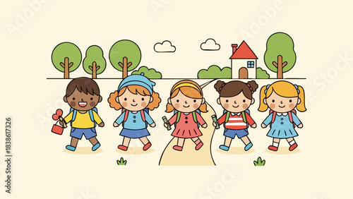 Happy children walking together to school, a joyful illustration.