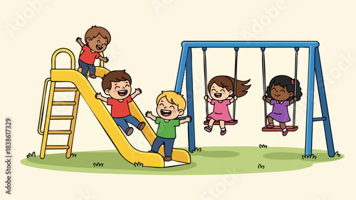 Children playing on a slide and swings at the playground.