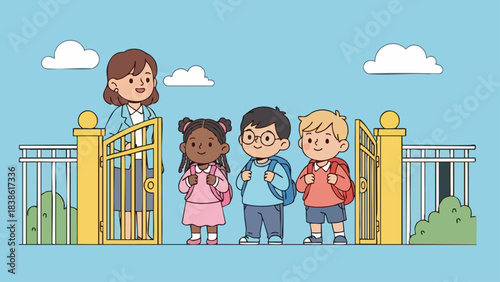 Teacher Welcoming Students at School Gate Illustration.