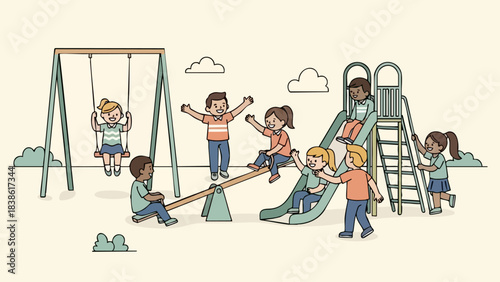 Happy children playing together on a vibrant playground.