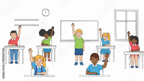 Diverse group of elementary school students raising their hands in class.