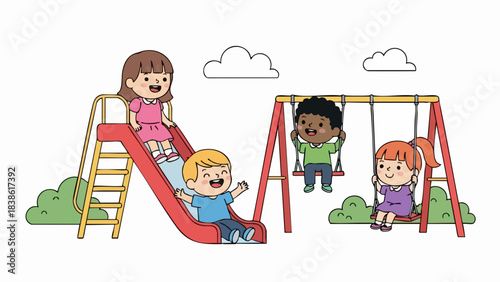 Children playing on playground slide and swings having fun.