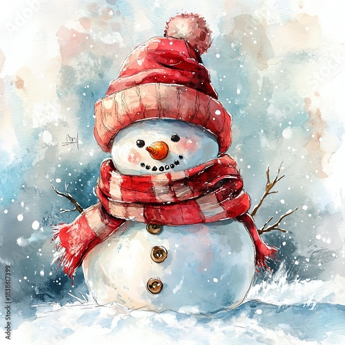 A cheerful snowman in a red hat and scarf, surrounded by gentle snowfall, perfect for winter celebrations and holiday spirit.