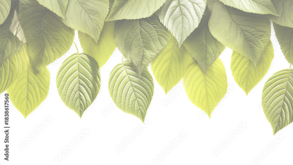Fototapeta premium Fresh green leaves border isolated on white background with copy space