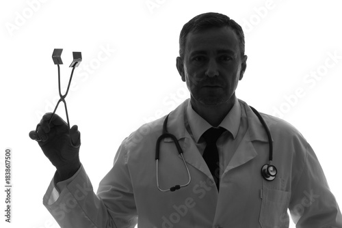 Silhouette of mature doctor with surgical forceps on white background, closeup