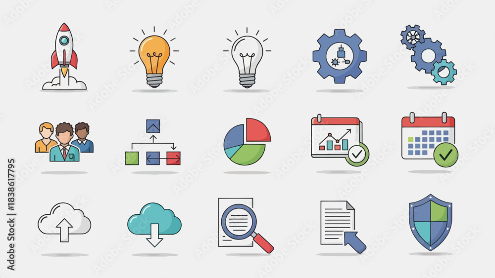 Fototapeta premium Business and Project Management Icons Set - Startup, Ideas, Teamwork, and Data Analysis.