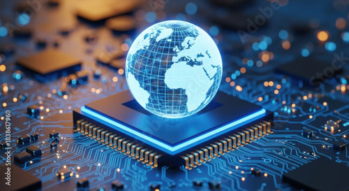 A glowing blue earth hologram sits atop a microchip processor unit against a dark backdrop, symbolizing global digital connectivity in modern technology.