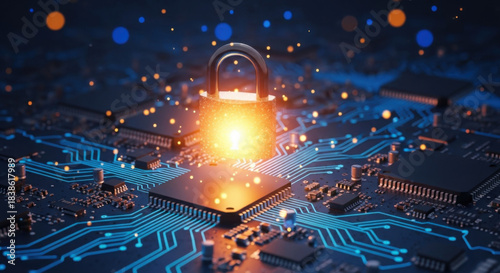 A glowing padlock sits atop a detailed circuit board on a dark blue background, with scattered orange lights emphasizing the concept of digital security.